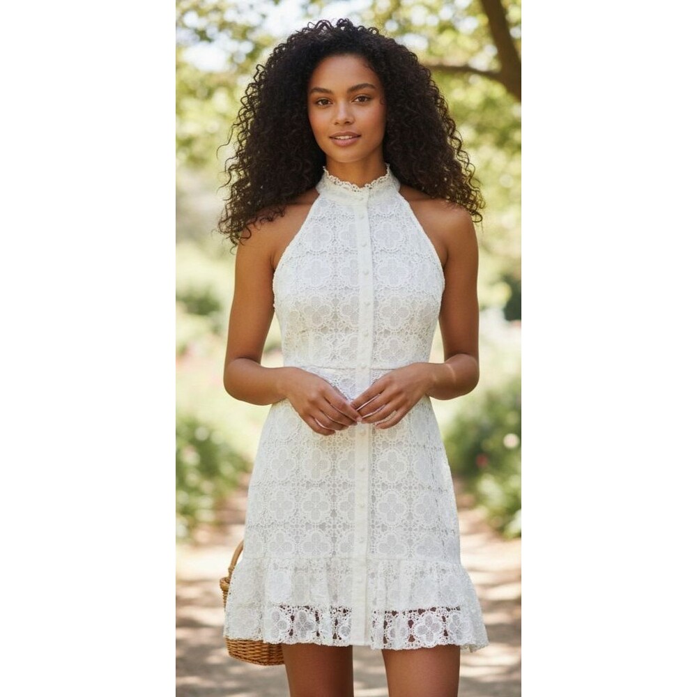 DESIGNER AQUA WHITE LACE HALTER NECKLINE RUFFLE HEM SLEEVELESS DRESS SIZE LARGE - Picture 2 of 16